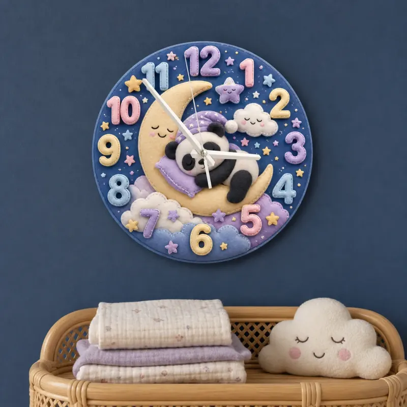 Sleeping Panda on Moon Kids Room Wall Clock | Dreamy Starry Night Nursery Decor, Beautiful Baby Shower Gift Keepsake (13.6 inch / 34.5 cm)