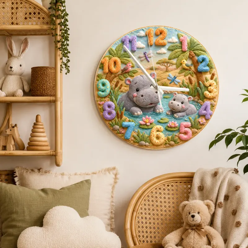 Safari Hippo Family Kids Room Wall Clock | Cute Jungle Animal Nursery Decor, Beautiful Baby Shower Gifts & Keepsakes (13.6 inch / 34.5 cm)