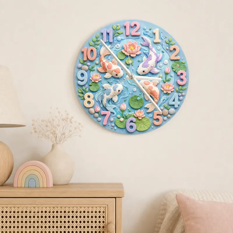 Pastel Koi Fish Pond Kids Room Wall Clock | Whimsical Lotus Flower Nursery Decor, Beautiful Baby Shower Gift Keepsake (13.6 inch / 34.5 cm)