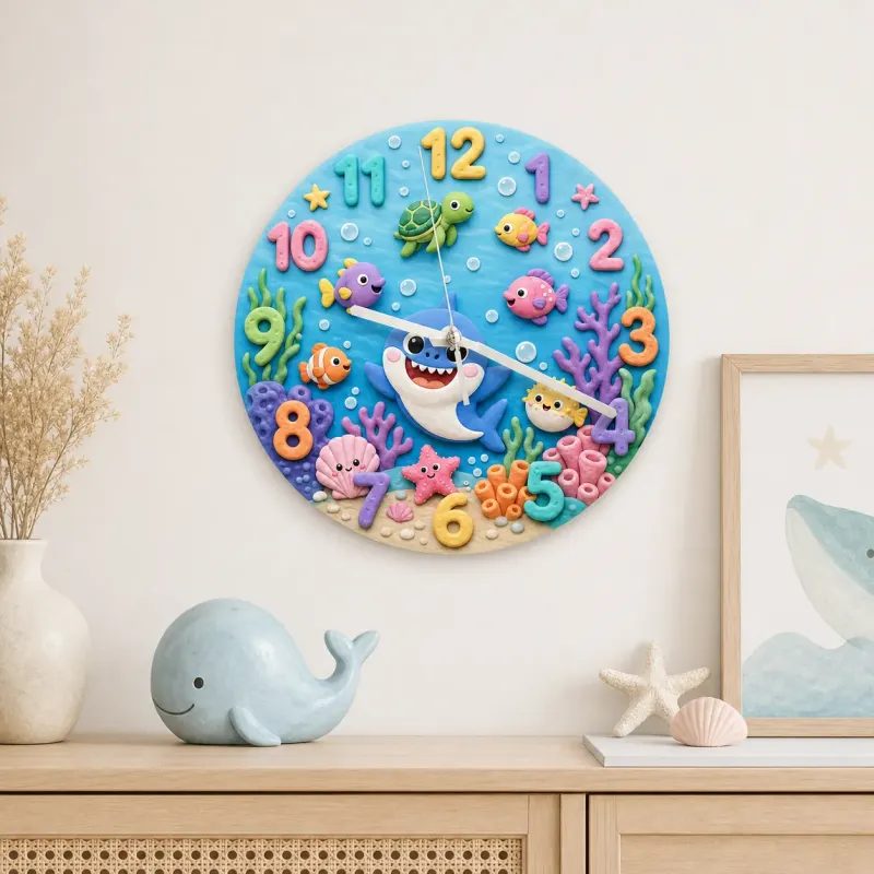 Ocean Shark Sea Creatures Kids Room Wall Clock | Underwater Nursery Decor, Baby Boy And Girl Birthday Gift Keepsake (13.6 inch / 34.5 cm)