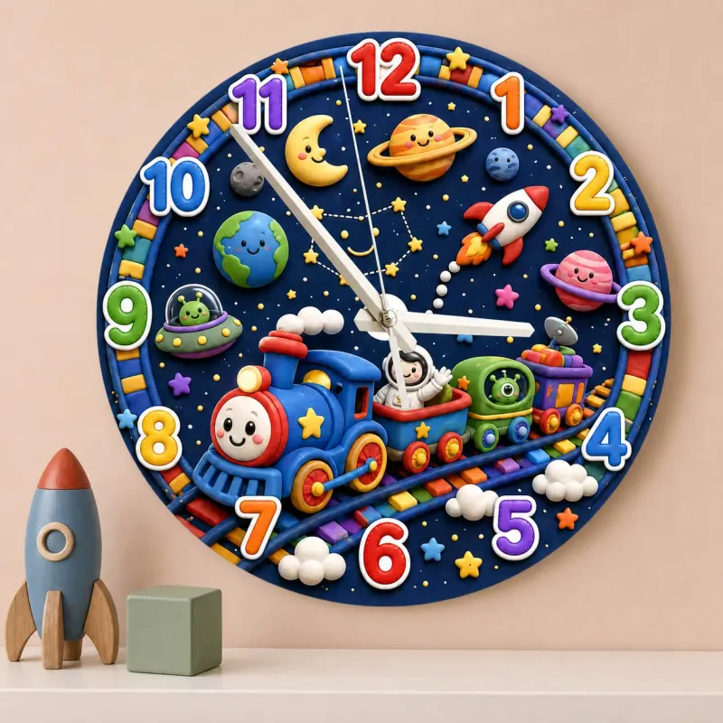 Galaxy Space Train Kids Room Wall Clock | Astronaut Nursery Decor, Little Boy Bedroom Baby Shower & Birthday Gift (13.6 inch / 34.5 cm)