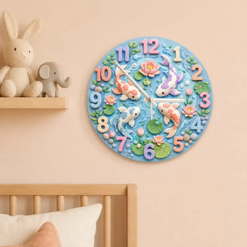 Pastel Koi Fish Pond Kids Room Wall Clock | Whimsical Lotus Flower Nursery Decor, Beautiful Baby Shower Gift Keepsake (13.6 inch / 34.5 cm)