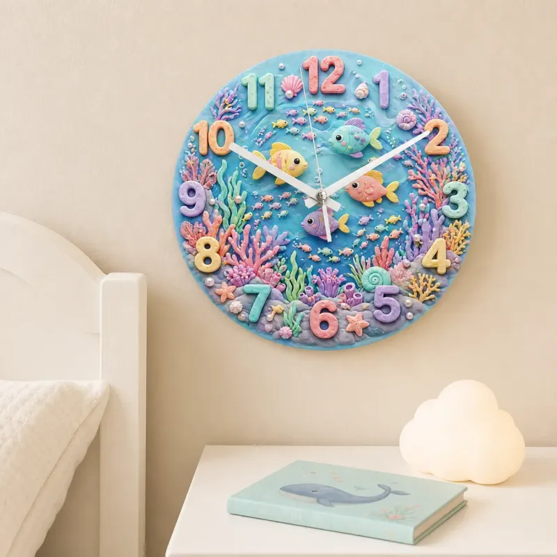 Pastel Ocean Coral Reef Kids Room Wall Clock | Under The Sea Nursery Decor, Cute Baby Girl Birthday Gift Keepsake (13.6 inch / 34.5 cm)