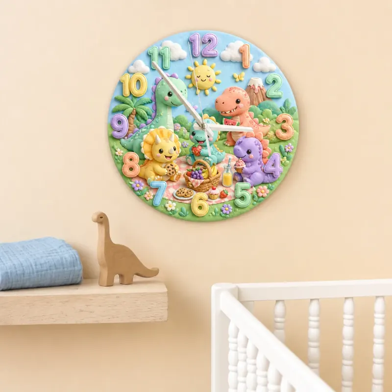 Cute Dinosaur Picnic Kids Room Wall Clock