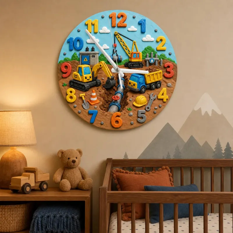 Construction Trucks Kids Room Wall Clock | Cute Excavator Boy Nursery Decor, Toddler Boy Playroom Birthday Keepsake (13.6 inch / 34.5 cm)