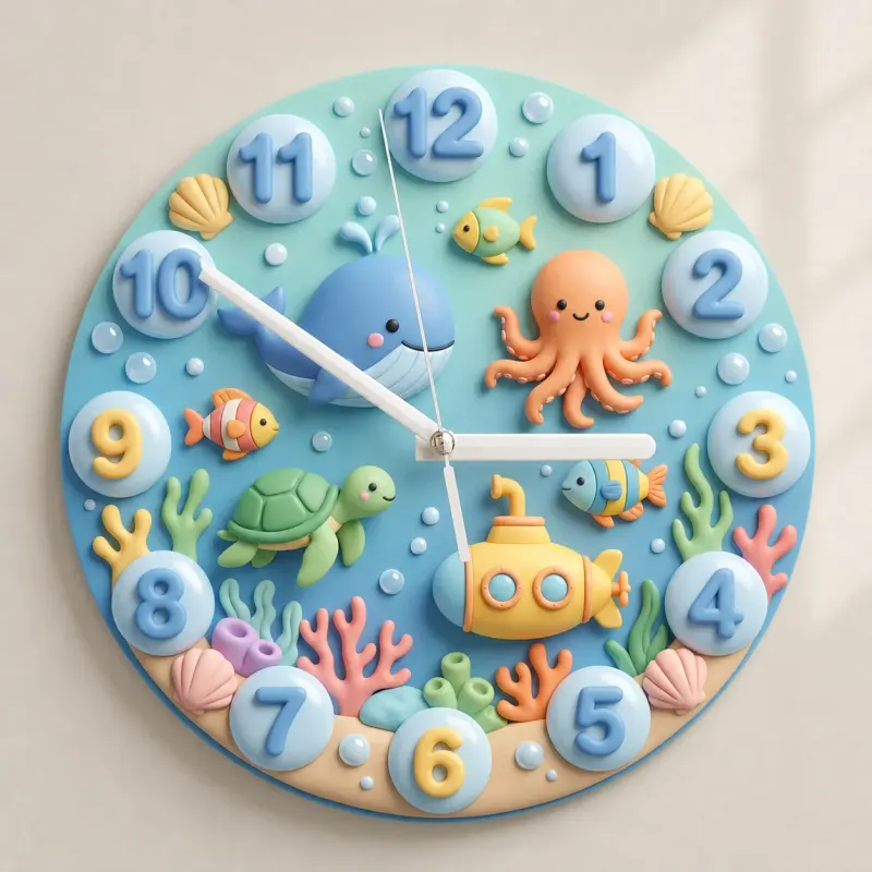 Cute Under The Sea Ocean Animals Kids Room Wall Clock | Marine Life Nursery Decor, Baby Boy Room Birthday Present (13.6 inch / 34.5 cm)