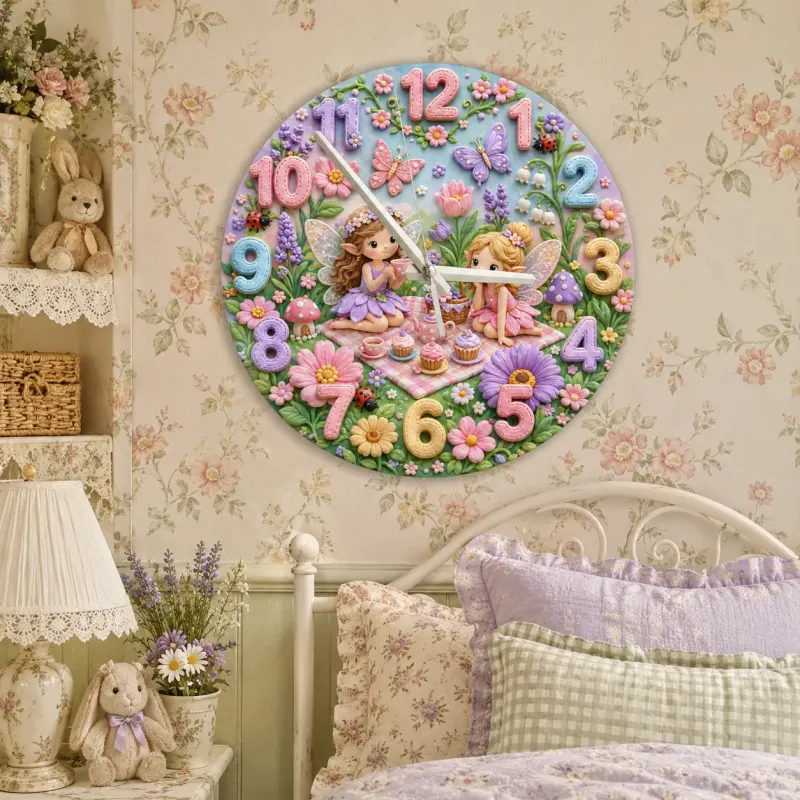 Magical Fairy Tea Party Kids Room Wall Clock | Enchanted Garden Nursery Decor, Pastel Girls Bedroom Birthday Present (13.6 inch / 34.5 cm)