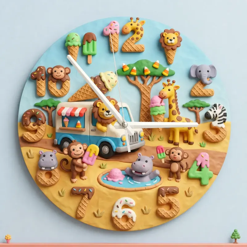 Safari Animals Ice Cream Truck Kids Room Wall Clock | Sweet Treats Nursery Decor, Baby Shower Gifts For Boys & Girls (13.6 inch / 34.5 cm)
