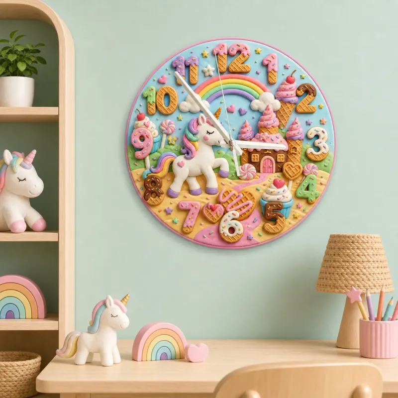 Unicorn Candy Castle Kids Room Wall Clock | Rainbow Nursery Decor, Magical Little Girl Birthday Gift (13.6 inch / 34.5 cm)