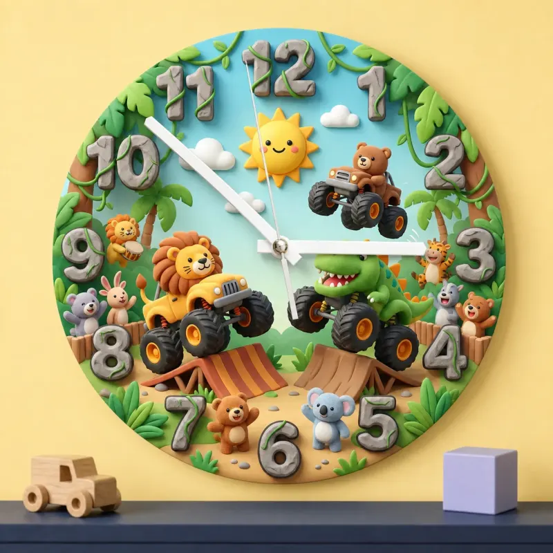 Safari Animal Monster Truck Kids Room Wall Clock | Dinosaur Boy Nursery Decor, Fun Toddler Playroom Birthday Gift Idea (13.6 inch / 34.5 cm)