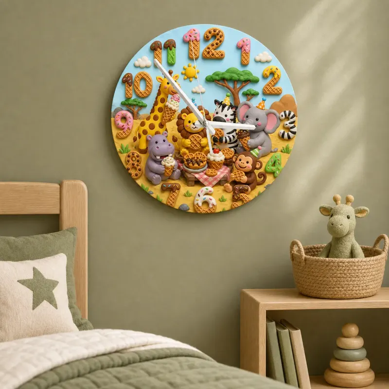 Safari Animals Waffle Kids Room Wall Clock | Jungle Nursery Decor, Baby Shower Gift For Boys Girls (13.6 inch / 34.5 cm)