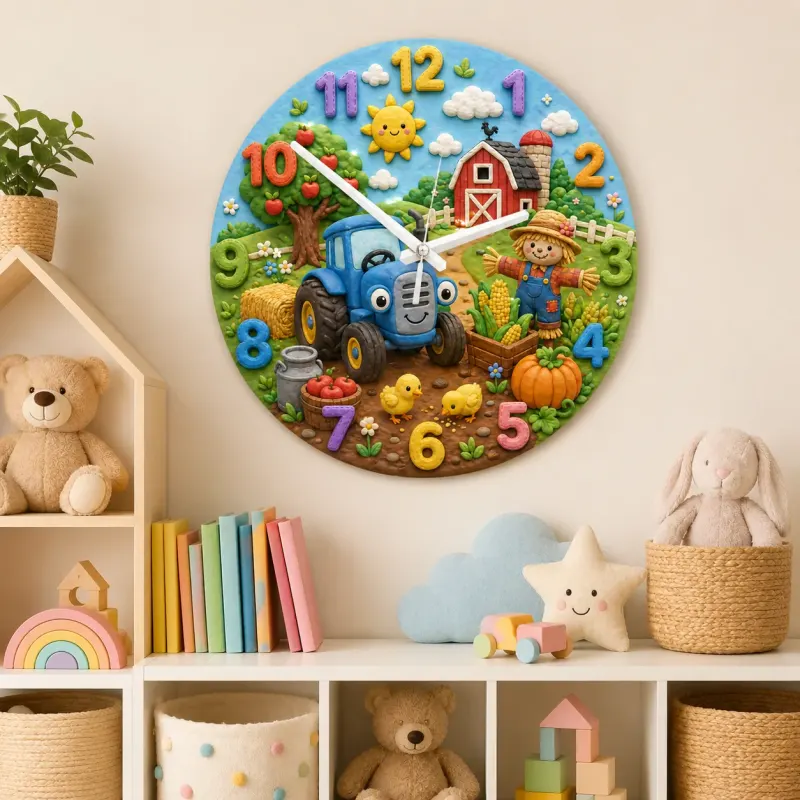 Blue Tractor Farm Kids Room Wall Clock | Barnyard Scarecrow Nursery Art Decor, Little Boy Birthday Baby Shower Gift (13.6 inch / 34.5 cm)