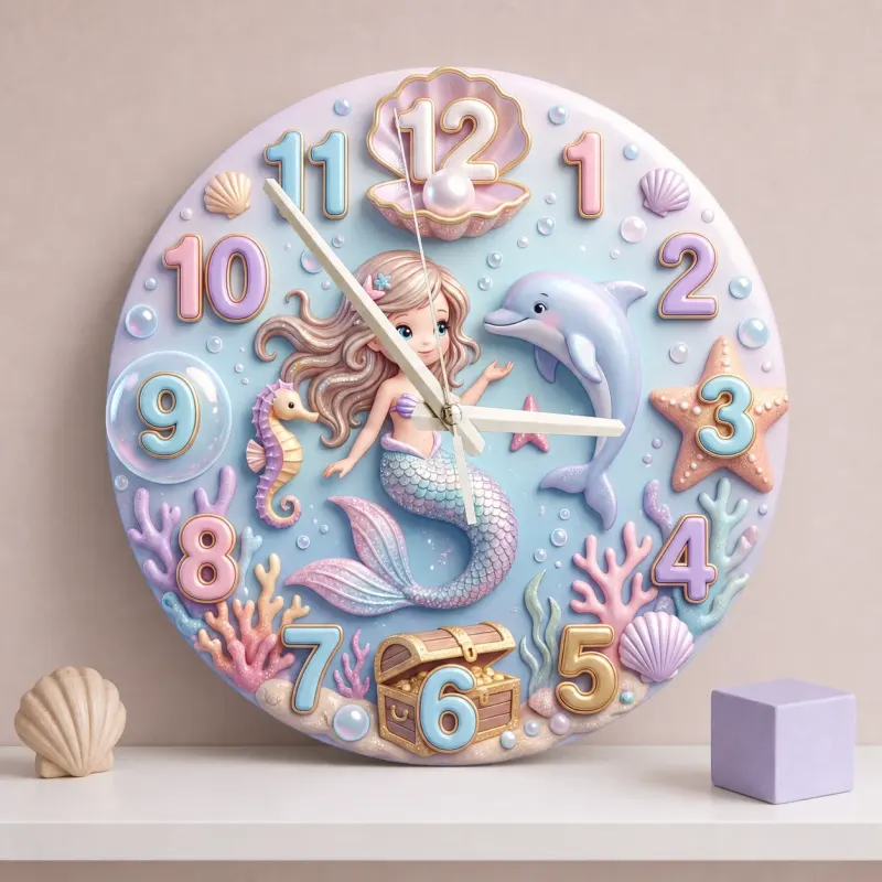 Pastel Mermaid And Dolphin Kids Room Wall Clock | Magical Ocean Nursery Decor Art, Little Girl Bedroom Birthday Gift (13.6 inch / 34.5 cm)