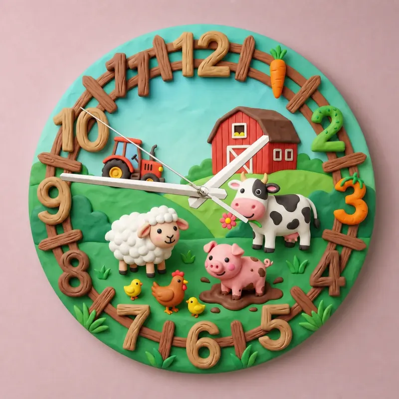 Farm Animals Barnyard Kids Room Wall Clock | Cute Red Tractor Nursery Decor, Unique Baby Boy Shower Gift Keepsake (13.6 inch / 34.5 cm)