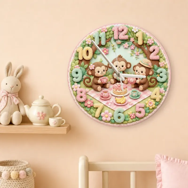 Monkey Tea Party Picnic Kids Room Wall Clock | Pastel Floral Nursery Decor, Sweet Baby Girl Shower And Birthday Gift (13.6 inch / 34.5 cm)