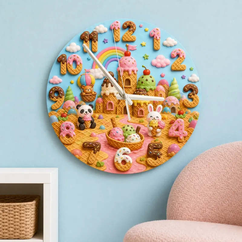 Panda Bunny Candy Castle Kids Room Wall Clock | Rainbow Nursery Decor, Sweet Baby Shower Gift (13.6 inch / 34.5 cm)