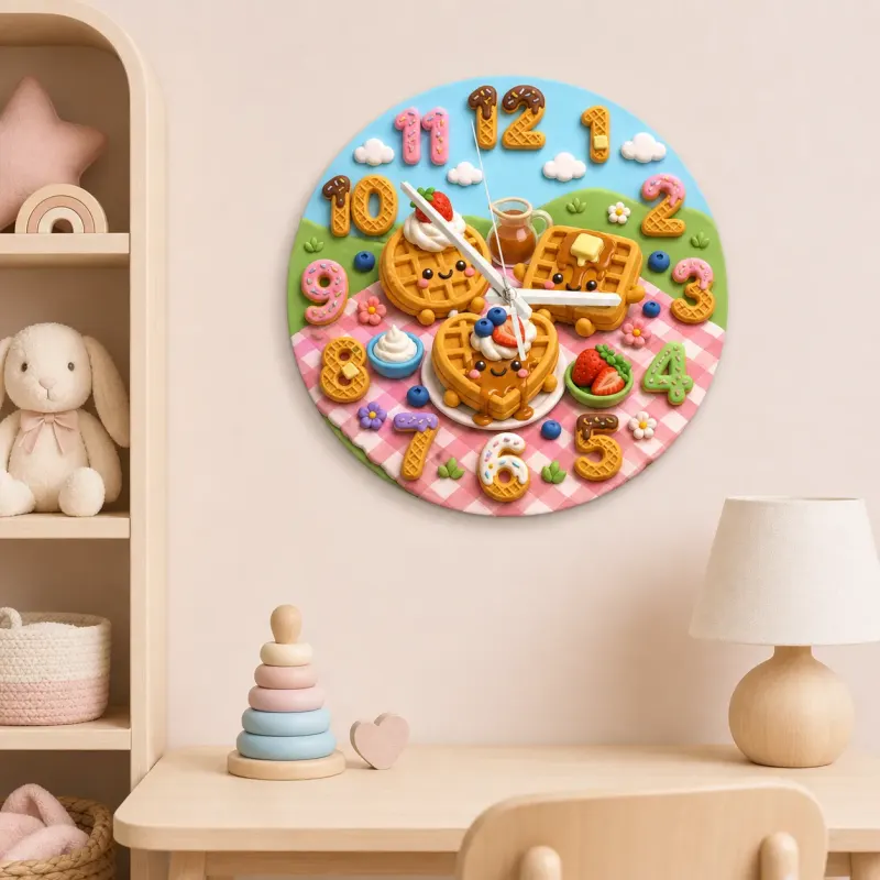 Waffle Breakfast Kids Room Wall Clock | Sweet Picnic Nursery Decor, Cute Playroom Birthday Gift (13.6 inch / 34.5 cm)