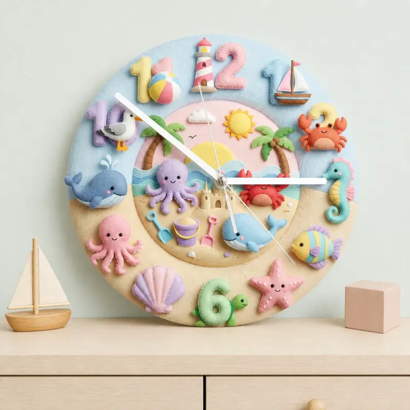 Pastel Ocean Animals Kids Room Wall Clock | Under The Sea Nursery Decor, Beach Theme Baby Shower Gift For Boy Girl (13.6 inch / 34.5 cm)