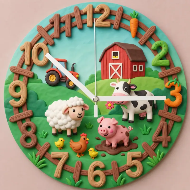 Farm Animals Barnyard Kids Room Wall Clock | Red Tractor Cow Pig Nursery Decor, Baby Boy Girl Birthday Keepsake Gift (13.6 inch / 34.5 cm)