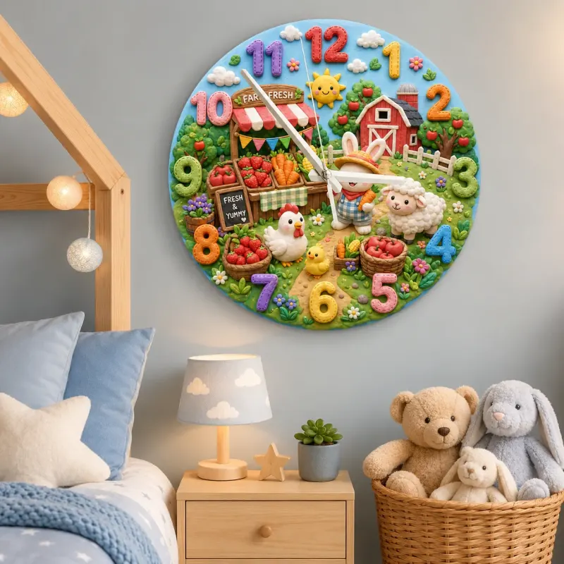 Farm Animals Kids Room Wall Clock | Bunny Farmer Nursery Decor, Baby Shower Birthday Gift Keepsake Toddler Room Art (13.6 inch / 34.5 cm)