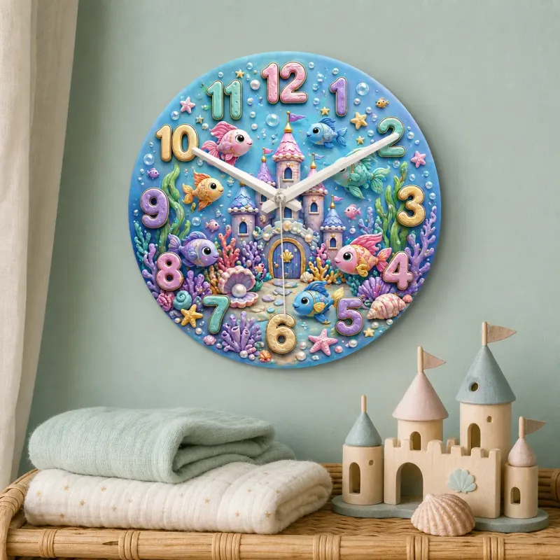 Magical Underwater Castle Kids Room Wall Clock | Pastel Ocean Fish Nursery Decor, Little Girl Bedroom Birthday Gift (13.6 inch / 34.5 cm)