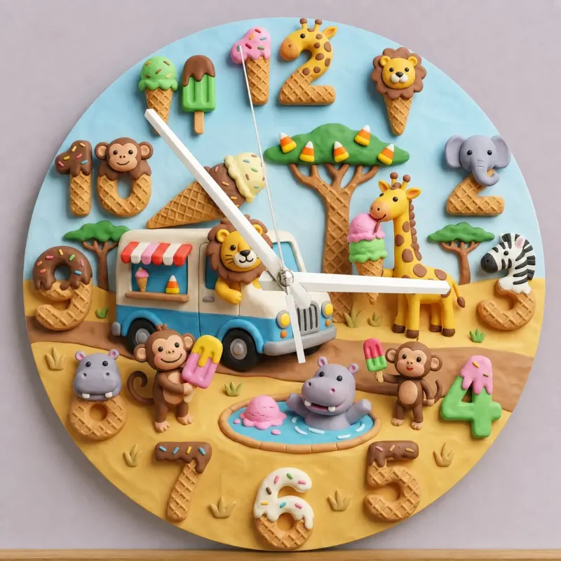Safari Animals Ice Cream Truck Kids Room Wall Clock | Sweet Treats Nursery Decor, Baby Shower Gifts For Boys & Girls (13.6 inch / 34.5 cm)