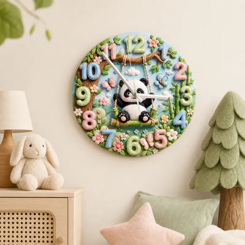 Whimsical Panda on Swing Kids Room Wall Clock | Cute Pastel Woodland Nursery Decor, Baby Shower Gift for Boys & Girls (13.6 inch / 34.5 cm)