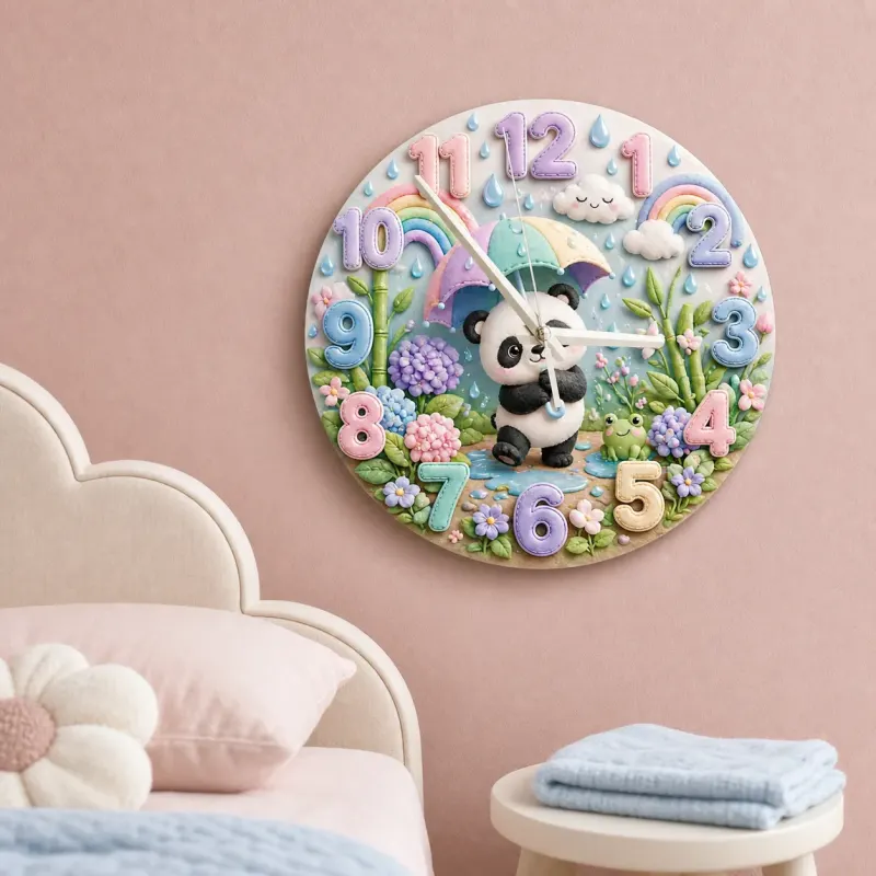 Whimsical Pastel Panda Kids Room Wall Clock | Rainbow Umbrella Nursery Decor, Cute Baby Girl Shower Gift Keepsake (13.6 inch / 34.5 cm)