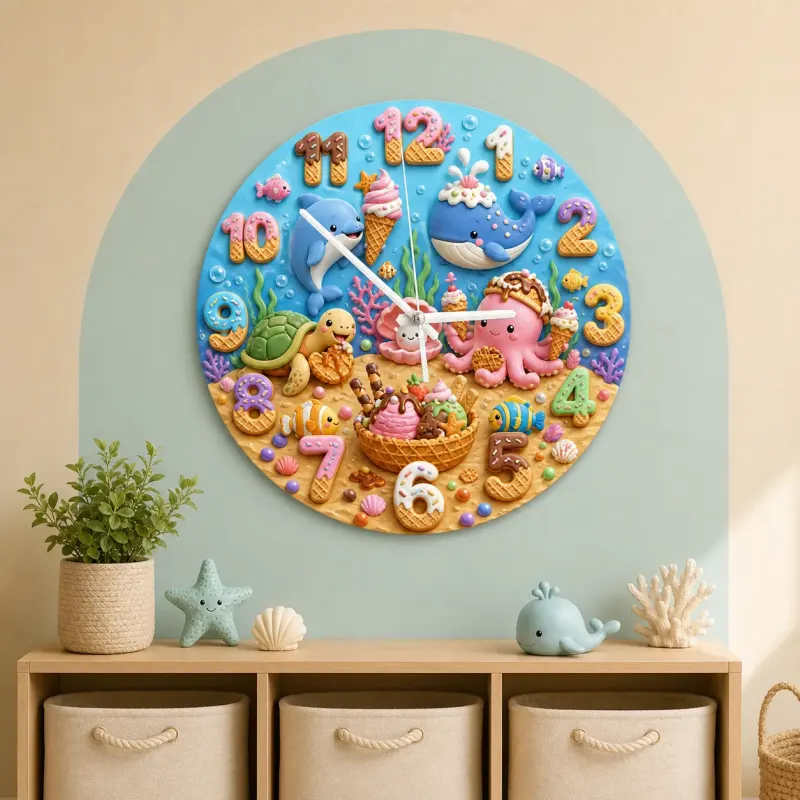 Ocean Animals Dessert Kids Room Wall Clock | Under The Sea Nursery Decor, Baby Boy Girl Birthday Gift (13.6 inch / 34.5 cm)