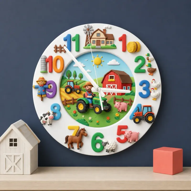Farm Animals Tractor Kids Room Wall Clock | Barnyard Nursery Decor, Little Boy Playroom Wall Art & Birthday Keepsake (13.6 inch / 34.5 cm)