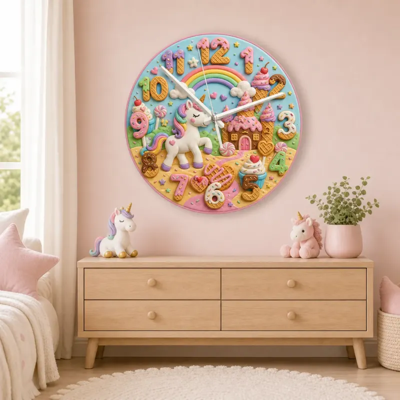 Unicorn Candy Castle Kids Room Wall Clock | Rainbow Nursery Decor, Magical Little Girl Birthday Gift (13.6 inch / 34.5 cm)