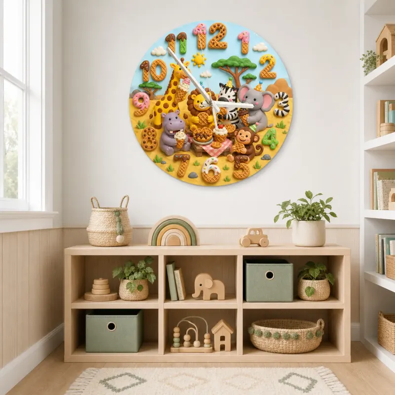 Safari Animals Waffle Kids Room Wall Clock | Jungle Nursery Decor, Baby Shower Gift For Boys Girls (13.6 inch / 34.5 cm)