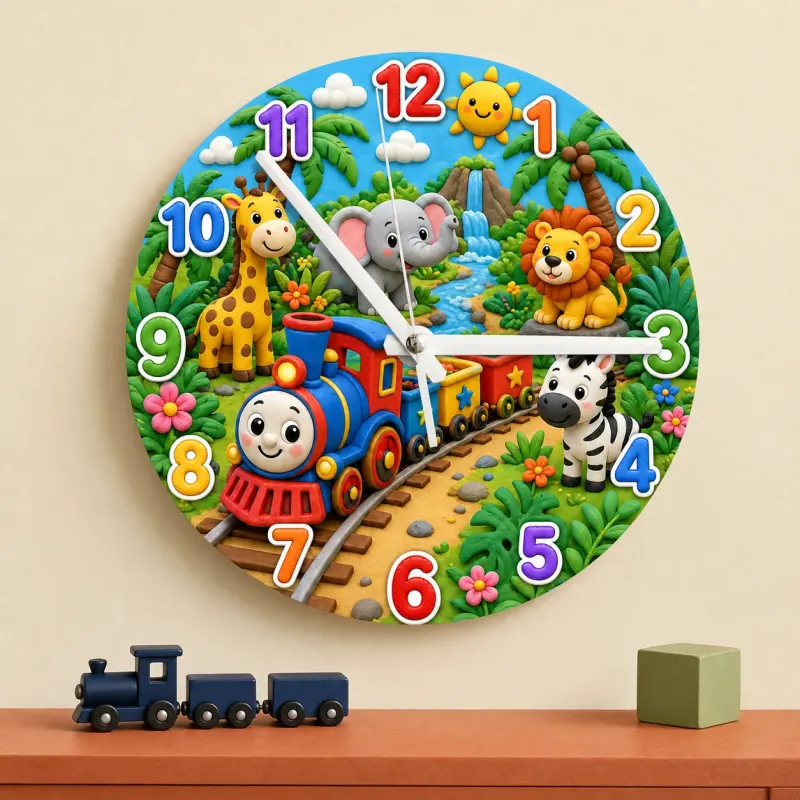 Colorful Safari Train Kids Room Wall Clock
