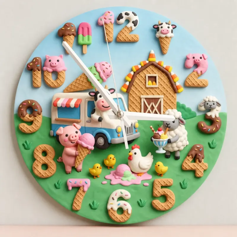 Sweet Ice Cream Farm Animals Kids Room Wall Clock | Playful Nursery Decor, Whimsical Baby Shower Birthday Gift Idea (13.6 inch / 34.5 cm)
