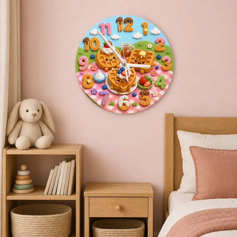 Waffle Breakfast Kids Room Wall Clock | Sweet Picnic Nursery Decor, Cute Playroom Birthday Gift (13.6 inch / 34.5 cm)