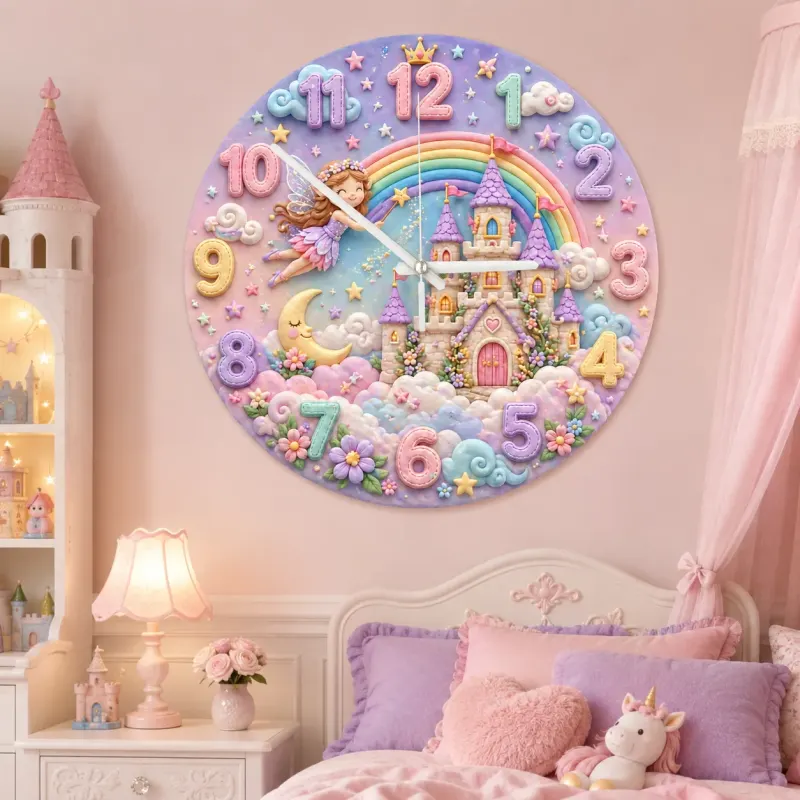 Magical Fairy Tale Castle Kids Room Wall Clock | Pastel Rainbow Nursery Decor, Little Girl Bedroom Birthday Keepsake (13.6 inch / 34.5 cm)