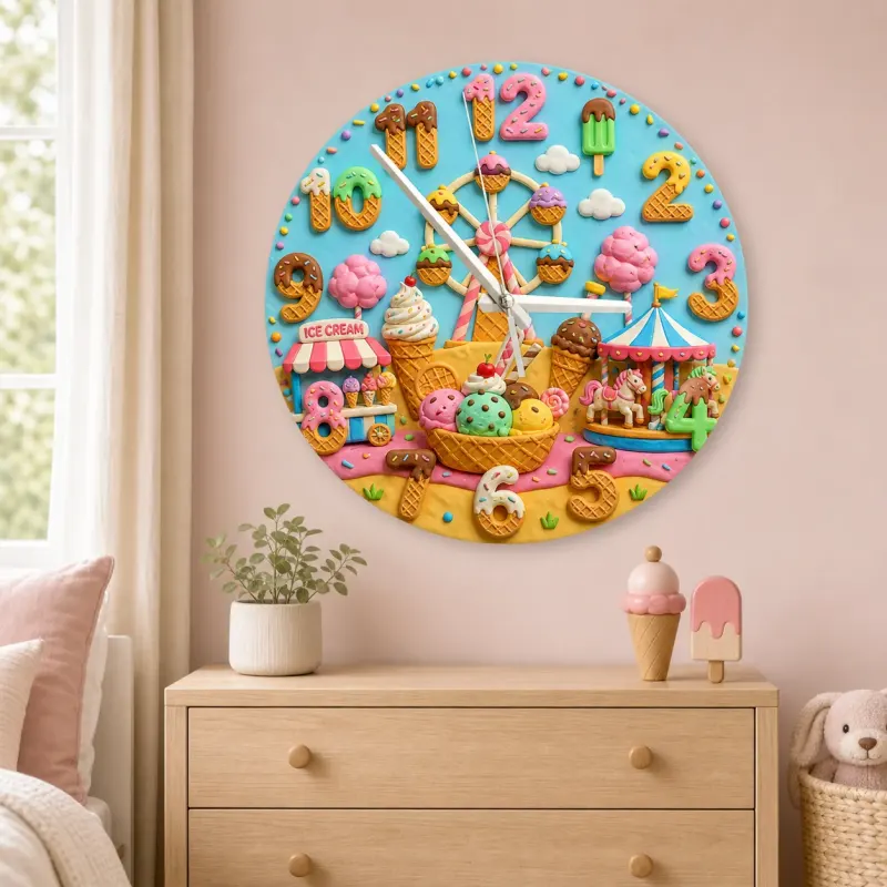Ice Cream Carnival Kids Room Wall Clock | Pastel Fairground Nursery Decor, Sweet Birthday Gift (13.6 inch / 34.5 cm)