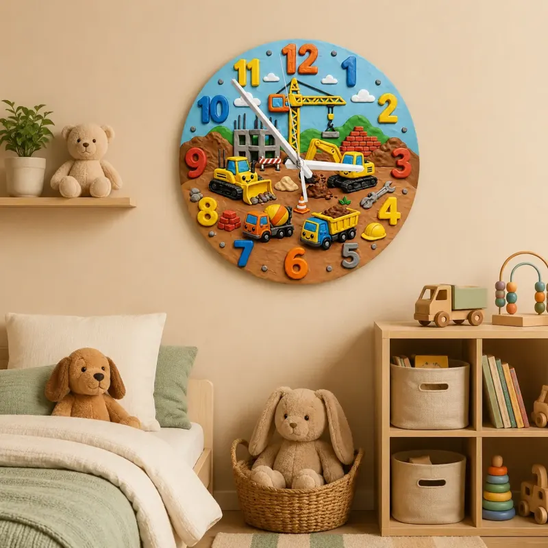 Construction Vehicles Kids Room Wall Clock | Little Boys Bedroom Decor, Playroom Nursery Art & Baby Shower Gift Idea (13.6 inch / 34.5 cm)