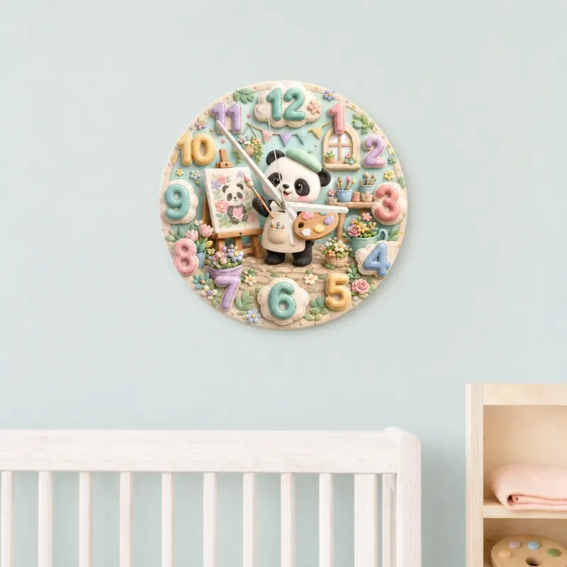Little Painter Panda Kids Room Wall Clock | Pastel Floral Nursery Decor, Baby Girl Bedroom Birthday Gift Keepsake (13.6 inch / 34.5 cm)