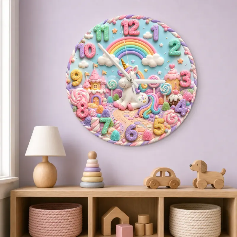 Unicorn Rainbow Candyland Kids Room Wall Clock | Magical Nursery Decor, Baby Girl Birthday Gift Art (13.6 inch / 34.5 cm)