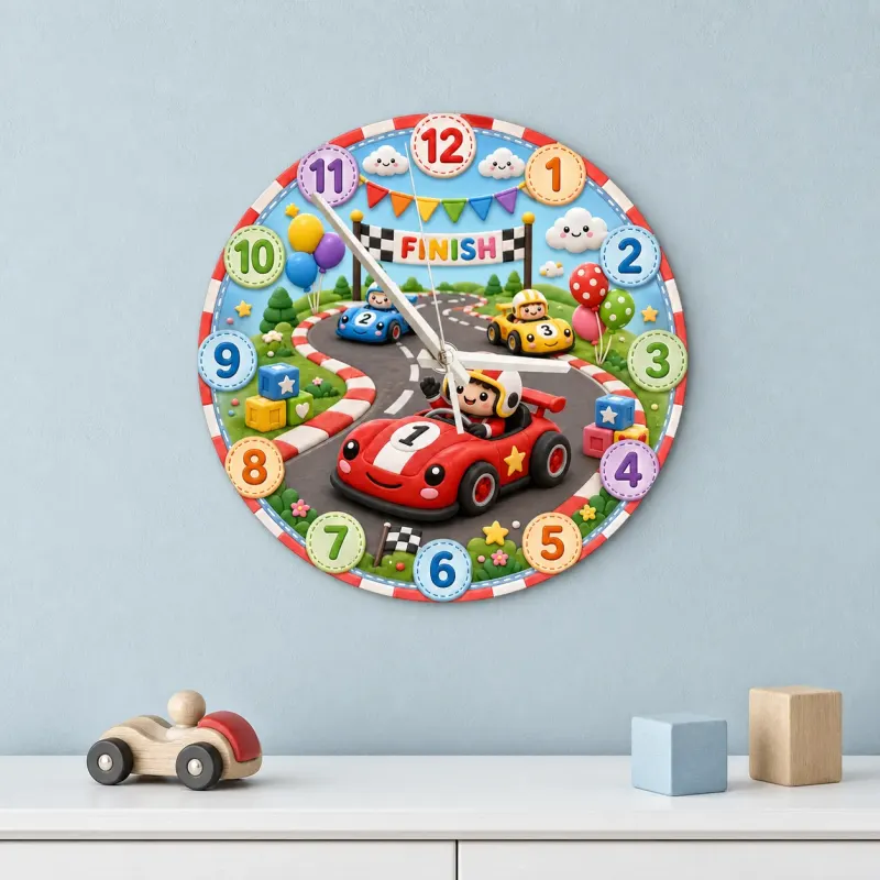 Wood Race Car Track Kids Room Wall Clock