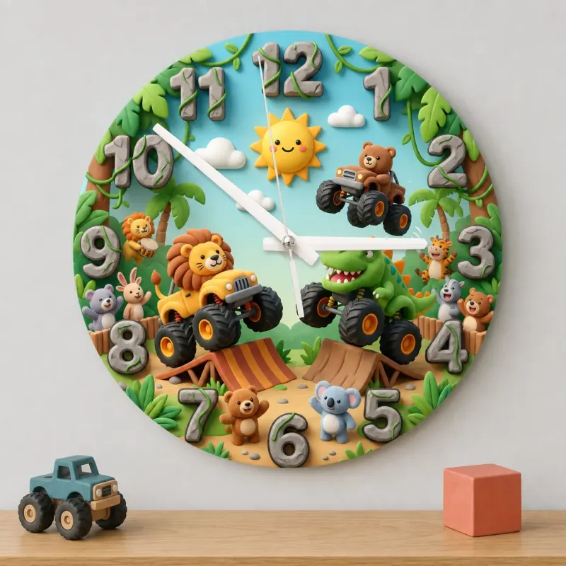 Safari Animal Monster Truck Kids Room Wall Clock | Dinosaur Boy Nursery Decor, Fun Toddler Playroom Birthday Gift Idea (13.6 inch / 34.5 cm)
