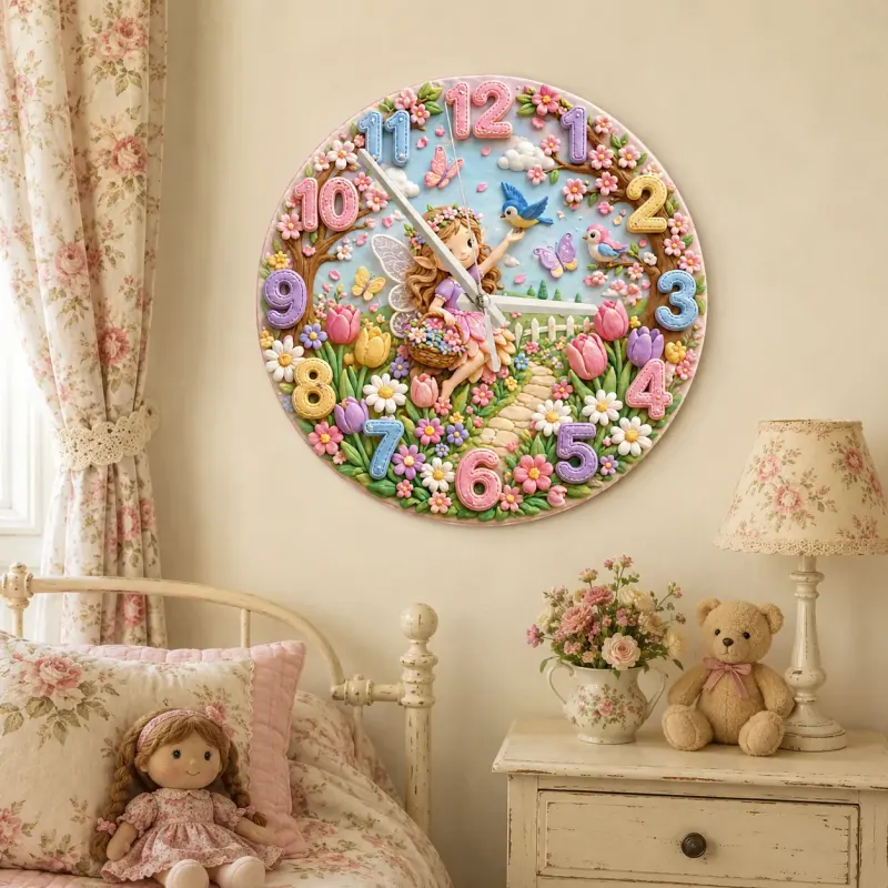 Whimsical Fairy Garden Kids Room Wall Clock | Pastel Floral Nursery Decor, Magical Little Girls Bedroom Decor Gift (13.6 inch / 34.5 cm)