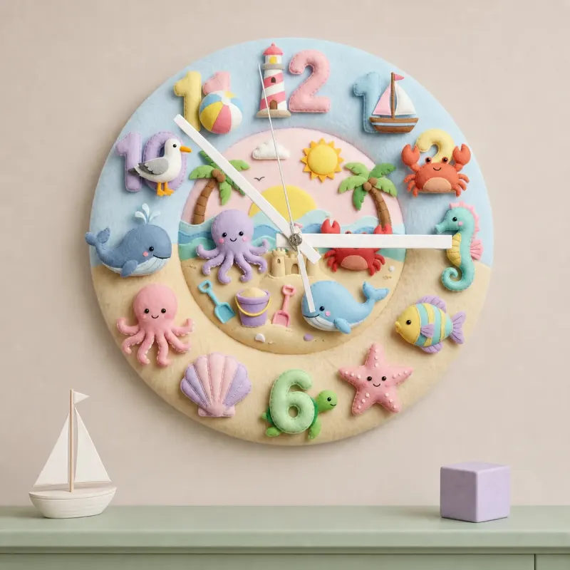 Pastel Ocean Animals Kids Room Wall Clock | Under The Sea Nursery Decor, Beach Theme Baby Shower Gift For Boy Girl (13.6 inch / 34.5 cm)