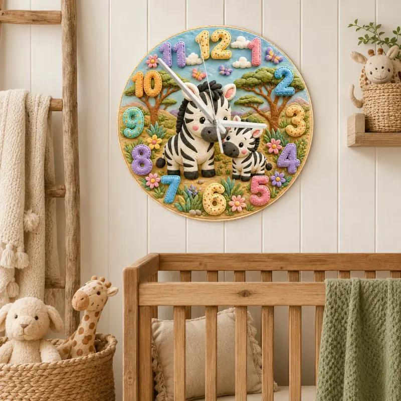Sweet Mother & Baby Zebra Kids Room Wall Clock | Safari Animal Nursery Decor, Beautiful New Baby Shower Gift Keepsake (13.6 inch / 34.5 cm)