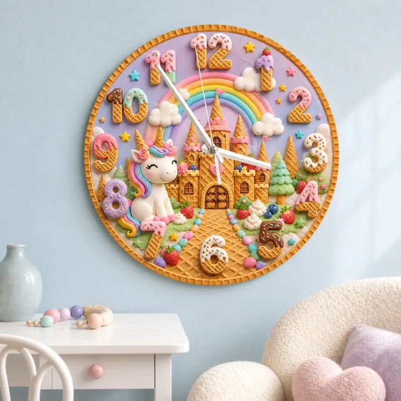 Unicorn Rainbow Castle Kids Room Wall Clock | Fairytale Nursery Decor, Magical Baby Girl Birthday Gift (13.6 inch / 34.5 cm)