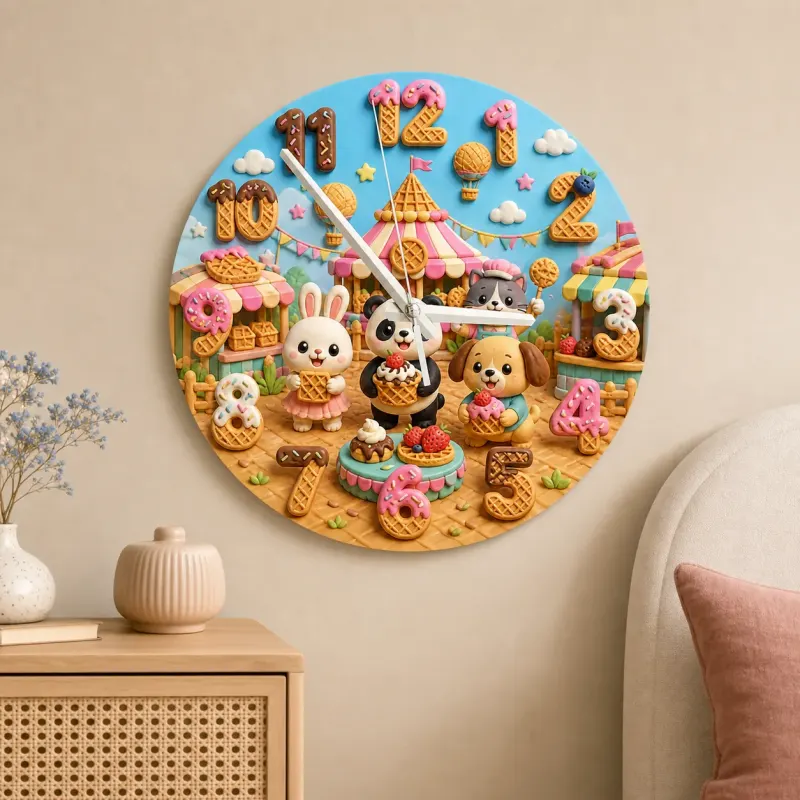 Puppy Bunny Ice Cream Kids Room Wall Clock | Pet Nursery Decor, Sweet Birthday Gift For Girls Boys (13.6 inch / 34.5 cm)