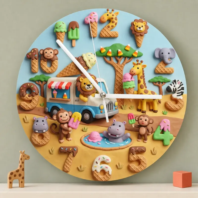 Safari Animals Ice Cream Truck Kids Room Wall Clock | Sweet Treats Nursery Decor, Baby Shower Gifts For Boys & Girls (13.6 inch / 34.5 cm)