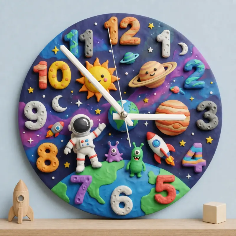 Outer Space Astronaut Kids Room Wall Clock | Cute Planets Baby Boy Nursery Decor, Toddler Bedroom Birthday Keepsake (13.6 inch / 34.5 cm)