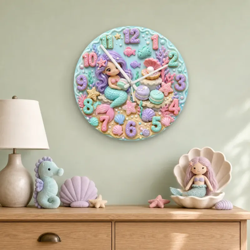 Mermaid Seashell Kids Room Wall Clock | Pastel Ocean Nursery Decor, Magical Baby Girl Birthday Gift (13.6 inch / 34.5 cm)